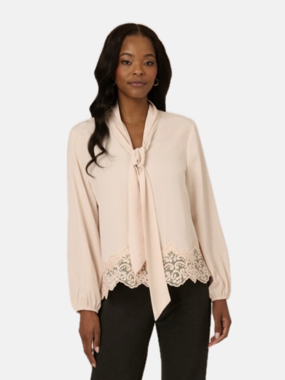 Adrianna Papell lace hem tie-neck blouse in powder blush